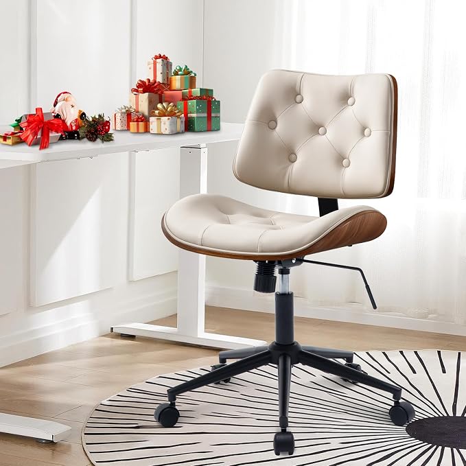 BV Armless Desk Chair with Wheels, 360 Swivel Home Office Chair No Arms, Height Adjustable Task Chair for Small Space, PU Leather Office Chair, Rolling Chair for Reading Room, Conference Room, Beige