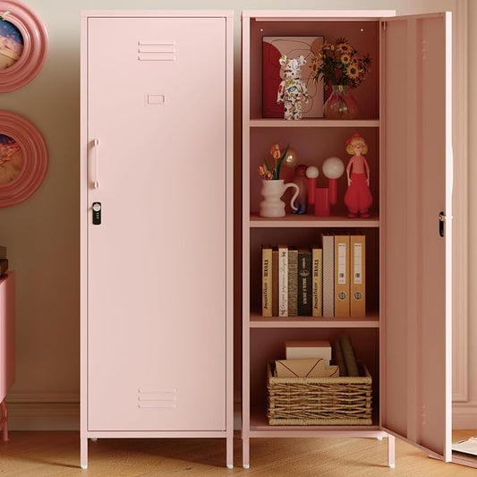 Metal Locker Storage Cabinets,59" H Pink Locking File Cabinets with 2 Doors and Shelves for Dining Room, Living Room,Bathroom Office,Home,Garage, Gym, School