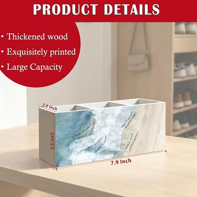 Inhale Exhale Mental Health Anxiety Relief Meditation Therapy Office Pen Pencil Holder Organizer for Desk Accessories, Inspirational Mindful Breathing Wood Signs Makeup Brush Toothbrush Holder