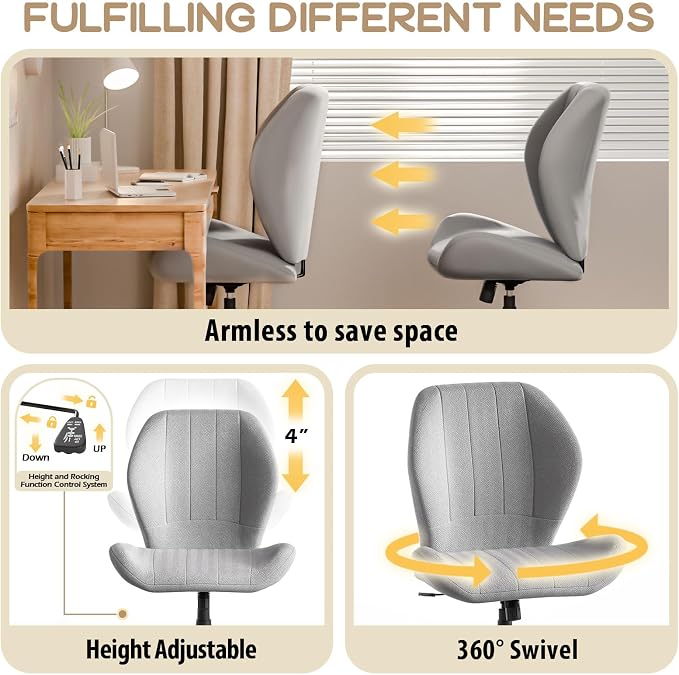 ZZW Criss Cross Chair with Wheels, Wide Cross Legged Office Chair Armless Comfy Desk Chair with Tall Back Vanity Chairs with Stress Relief Curved Design Seat for Bedroom & Office & Home Light Gray