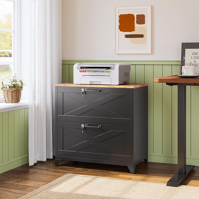 2-Drawer Farmhouse File Cabinet with Lock, Lateral Filing Cabinet for Letter/Legal/A4 Size, Wood File Storage Cabinets Printer Stand with Large Storage for Home Office School, Black