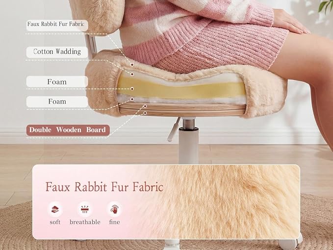 Homkdom Vanity Chair with Wheels, Cute Desk Chair with Bow Backrest, Fluffy Faux Rabbit Fur Small Office Chair for Vanity, Make-up Room, Bedroom, Dorm, Height Adjustable, Orange Pink