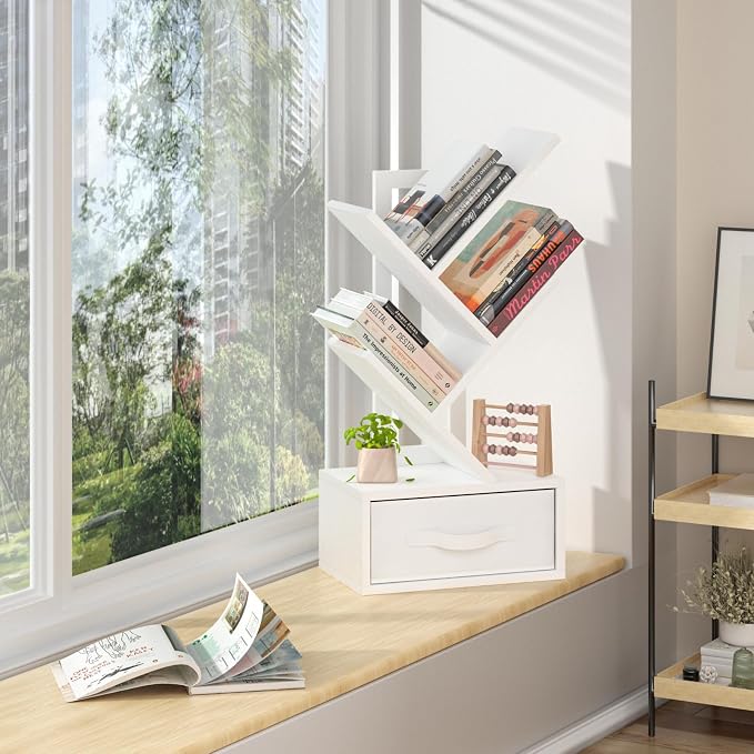 SHEEPAM Small Bookshelf with Drawer,4 Tier Tree Book Shelf,Wood Desk Bookshelves,Modern Free Standing Desktop Display Shelves,White Floor Standing Organizer Bookcase for Living Room,Bedroom,Office