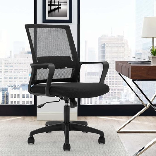 FDW Office Chair Ergonomic Desk Chair Mid-Back Mesh Computer Chair Lumbar Support Comfortable Executive Adjustable Rolling Swivel Task Chair with Armrests,Black