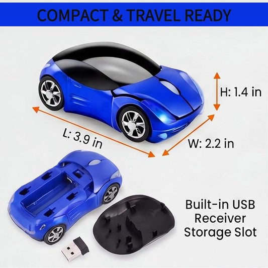 Blue Wireless Car Mouse, 2.4G with USB Receiver, 1600DPI Optical, Ergonomic Mini Computer Mouse, for Laptop, PC, Tablet, Windows, Mac OS