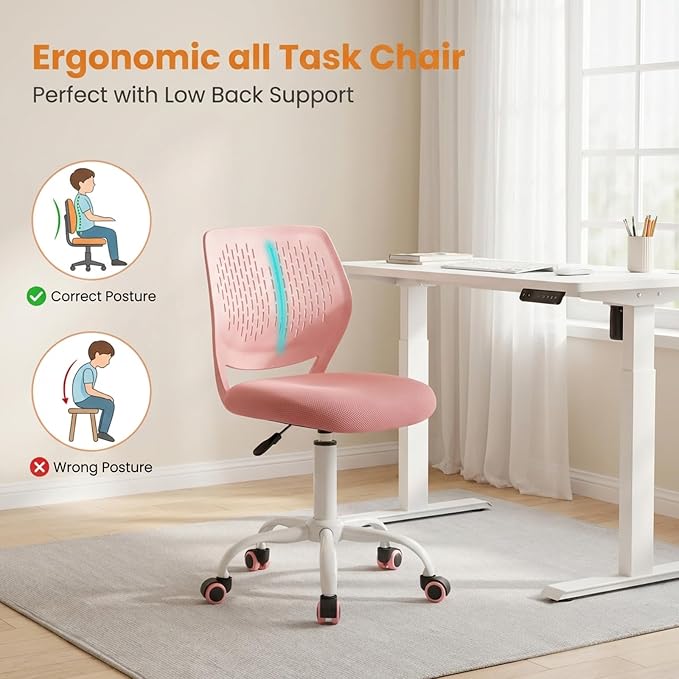 POWERSTONE Small Home Office Desk Chair, Swivel Rolling Study Computer Chair, Adjustable Height Task Chair with Armless Mid Back, Upholstered Mesh Seat, Pink
