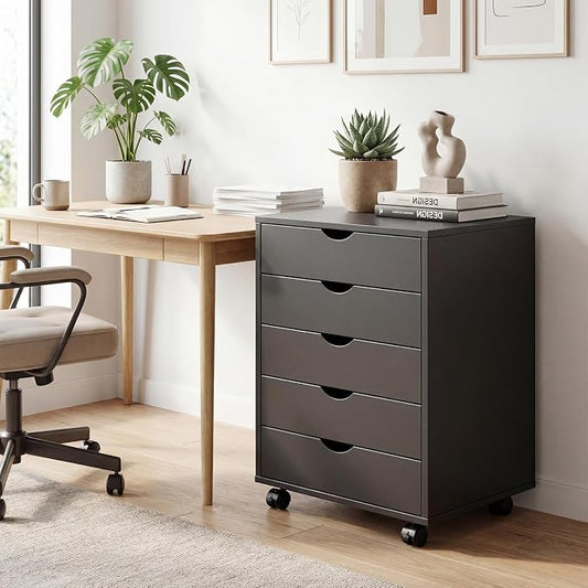 Mobile File Cabinet Under Desk, 5 Drawer Storage Organization with Wheels, Vertical Filing Chest Rolling Wood Small Desk Printer Stand for Home Office, 15.75" D x 18.74" W x 25.39" H