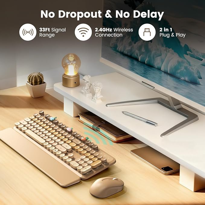 Wireless Keyboard and Mouse Combo, Full-Size Retro Typewriter Keyboard with Round Keycaps, Magnetic Wrist Rest & Tilt Legs, 2.4GHz Cordless for Mac/Windows PC/Laptop, SABLUTE CK23, Latte Gradient