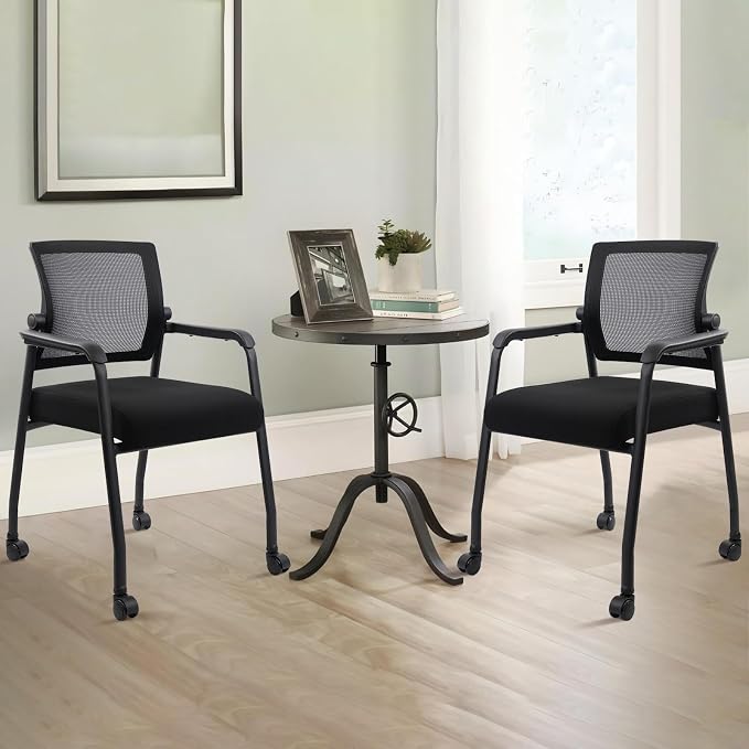 KLASIKA Waiting Room Chairs with Wheels, Adjustable Mesh Backrest, Desk Chair with Ergonomic Lumbar Support and Thickened Seats Cushion, 8 Pack Black