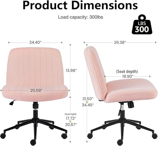 DUMOS Criss Cross Chair with Wheels, Wide Cross Legged Office Desk Vanity Chairs, Armless Height Adjustable Swivel Chairs for Home Computer Task, Teddy Fleece, Pink Wheel