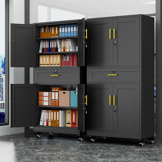 Black Metal Storage Cabinet, 71" Tall Locking Storage Cabinet with 2 Adjustable Shelves, Steel Locker Organizer, for Office, Home, School