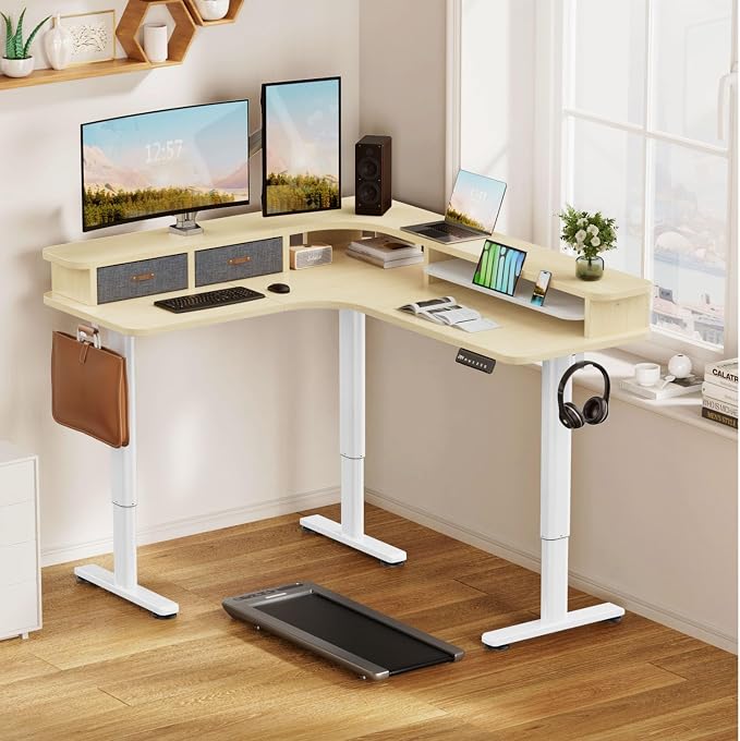 Flycity Electric L Shaped Standing Desk with Drawers, 63" x 55" Corner Standing Desk Adjustable Height, Stand Up Home Office Desk, Dual Motor Sit Stand Desk with 3 Memory Preset & Lock, Maple
