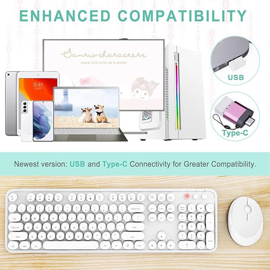Wireless Keyboard and Mouse Combo, Ergonomic Full Size Typewriter Retro Round Keycaps Keyboard, Compatible with Windows, PC, Perfer for Home and Office Keyboards(White)