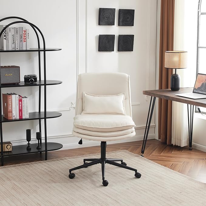 VINGLI Cloud Criss Cross Legged Chair,18" High Back Armless Home Office Desk Chair with Wheels,Wide Adjustable Comfy Padded Seat Task Computer Chair,Modern Swivel Makeup Vanity Chair,Microfiber,Beige