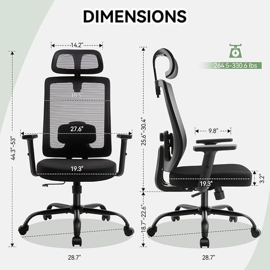 Ergonomic Office Chair Mesh High Back, Office Desk Chair with Adjustable Lumbar Support, Rolling Work Chairs with Wheels and 3D Headrest, Black