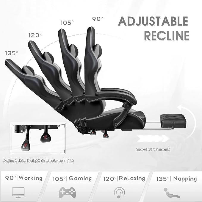 Shahoo Gaming Chair with Footrest and Massage Lumbar Support, Ergonomic Office Computer Seat Height Adjustable with Headrest, Grey