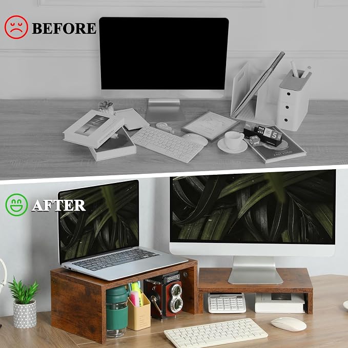 TEAMIX 2 Pack Monitor Stand Riser Rustic Brown,Wood 2 Tier Adjustable Monitor Stand Dual Monitor Riser for 2 Monitors/Laptop/PC Computer Stand Desktop Space Saver…