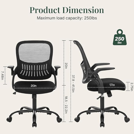Home Office Desk Chair, Ergonomic Mid-Back Mesh Computer Task Chair with Comfortable Lumbar Support, Height Adjustable Swivel with Flip-up Armrest for Adults, Student, Black