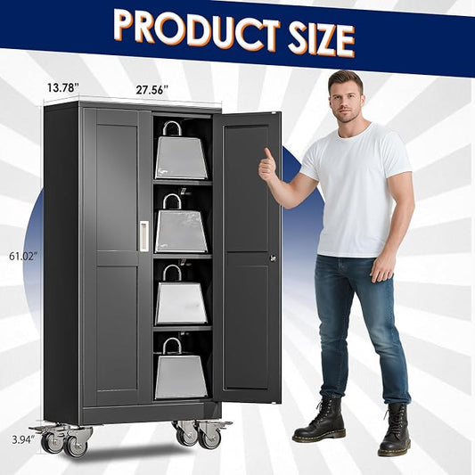 erosoei 61" H Metal Garage Storage Cabinet, Rolling Tool Cabinet with 2 Doors and Wheels, Locker Steel Cabinet with 3 Adjustable Shelves, Organization Cabinet for Garage,Office,Home,Gym,School(Black)