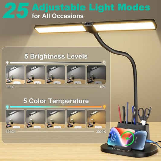 Desk Lamp with USB-C Charging Port and Organizer Base, LED Desk Light with Pen Holder, Phone Stand, 25 Lighting Modes, Flexible Gooseneck Touch Lamp for Home Office, Study Desk, College Dorm Room