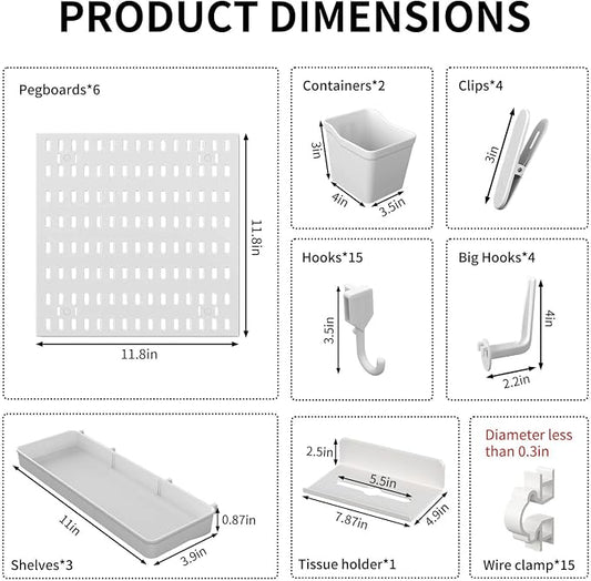 SHGJ&SOFT Peg Board Wall Organizer Panels, 50pcs - Includes 6 White Pegboards & Accessories, Plastic Pegboard for Home,Office, Craft Room, Gaming Setup, 24″×24″, Wall Mount Display Pegboard Panel Kits