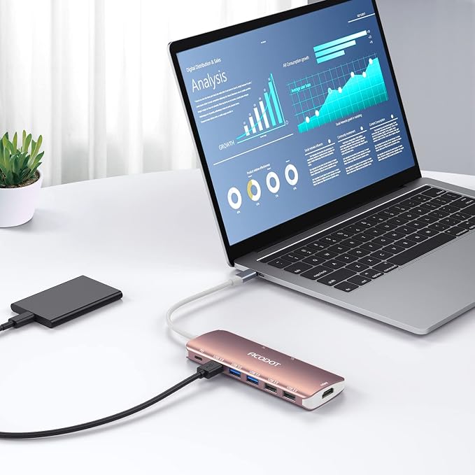 USB C Hub, 9-in-1 Multi-Port USB Adapter, 4K@60Hz HDMI, 100W Max PD, 3 USB3.0(5Gbps) + 2 USB2.0 Data Ports, SD/TF Card Reader for MacBook, iPad Pro, Dell, HP, Lenovo, Windows Laptop, Rose Gold