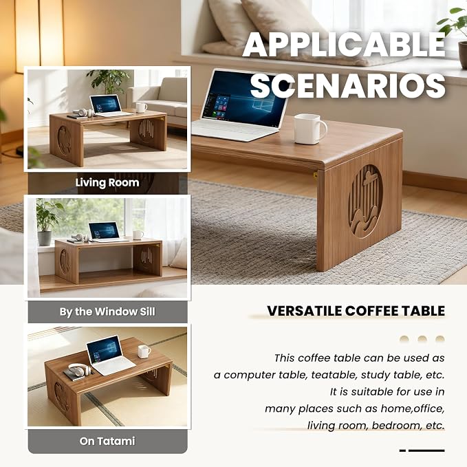 Folding Floor Coffee Table, Japanese Bamboo Foldable Coffee Tables, Portable Living Room Low Table, Versatile Tatami Meditation Tea Table for Dining Room, Wooden Desk for Home, Office (80X37CM)