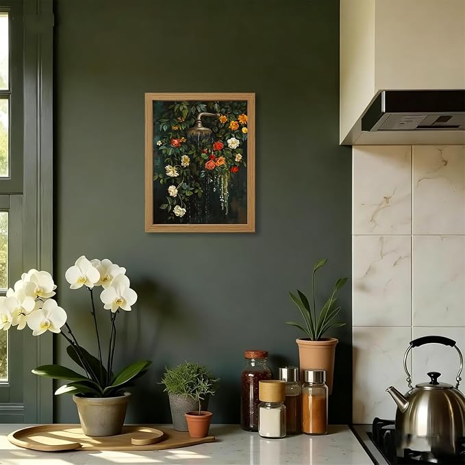 CXQILVER Vintage Framed Floral Bathroom Wall Art Canvas, Green Botanical Flowers Shower Wall Decor, Rustic Farmhouse Bathroom Decor Aesthetic Picture Artwork for Bedroom Living Room Guest Bath 8x10in