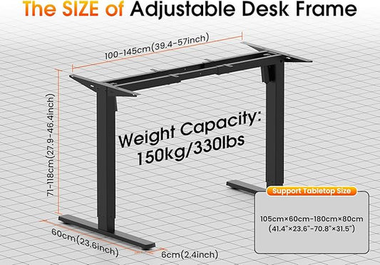 330 lbs Capacity Dual Motor Electric Standing Desk Frame, Height Adjustable Sit Stand up Desk Legs Base Workstation, Anti-Collision Function, 2 Hooks, Black Frame Only