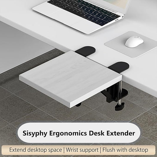 Sisyphy Ergonomics Desk Extender Tray, 9.5x9.1" Punch-Free Clamp on, Foldable Keyboard Drawer Tray, Table Mount Arm Wrist Rest Shelf, Computer Elbow Arm Support