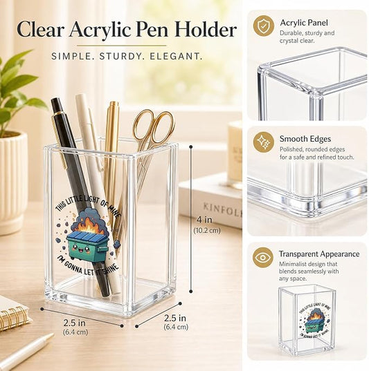 Funny Dumpster Fire Pen Holder for Desk - Response Team & This Little Light of Mine - Clear Acrylic Makeup Brush Holder, Sarcastic Office Decor, Relatable Coworker Gag Gift for Women Men Boss
