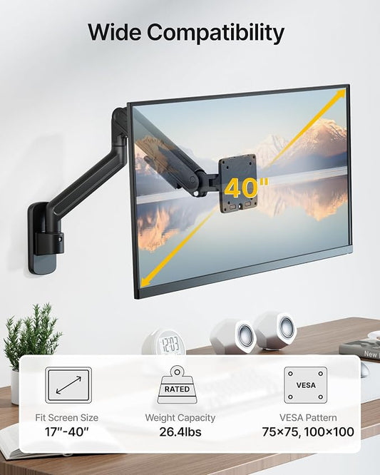 monTEK Single Monitor Wall Mount for 17 to 40 inch Screen, Heavy-Duty Holds up to 26.4lbs,Adjustable Full Motions Mechanical Spring Arm, VESA 75x75/100x100,Black