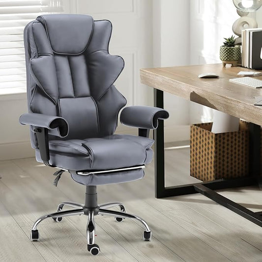 HOMREST 6-Point Massage Executive Chair,Heat Office Chair,Ergonomic Home Office Desk Chairs with Retractable Footrest and Reclining Function,Leather Computer Chair with Adjustable Armrest(Grey)
