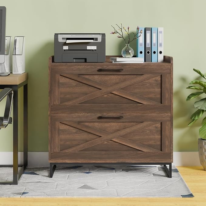 Vabches Lateral File Cabinet 2 Drawer File Cabinet with Charging Station, Modern Farmhouse Large Wood File Storage Cabinet for Home Office Furniture(Dark Walnut)