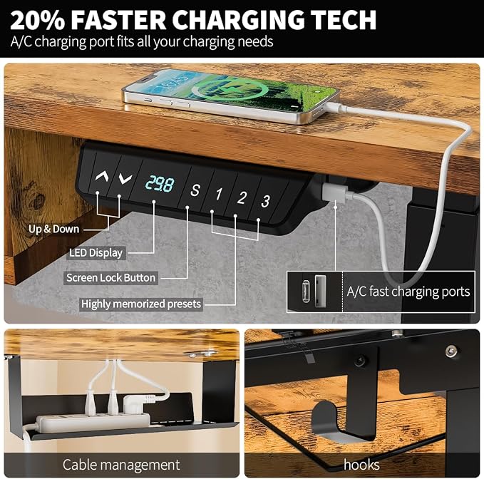 Kingant 48 x 30 Inch Electric Standing Desk with 4 Drawers, Adjustable Height Computer Desk for Home Office, Large Workstation Sit Stand Up Desk with Built-in USB A/C Charging Ports, Rustic Brown