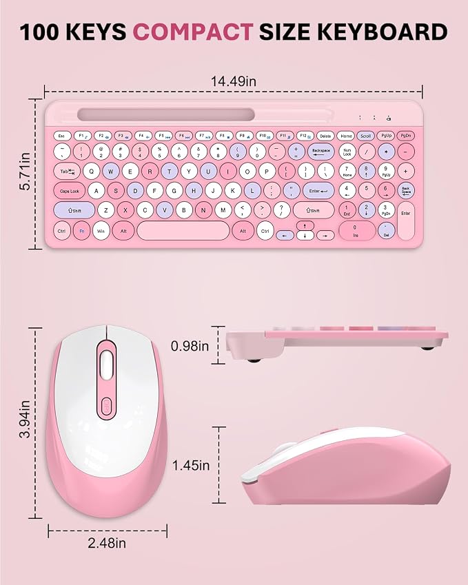 Colorful Wireless Keyboard and Mouse Combo - Round Keycaps, 2.4GHz Retro Typewriter Keyboard with Number Pad, Cute Compact USB Keyboard and Mouse for Computer PC Desktop Laptop (Pink)