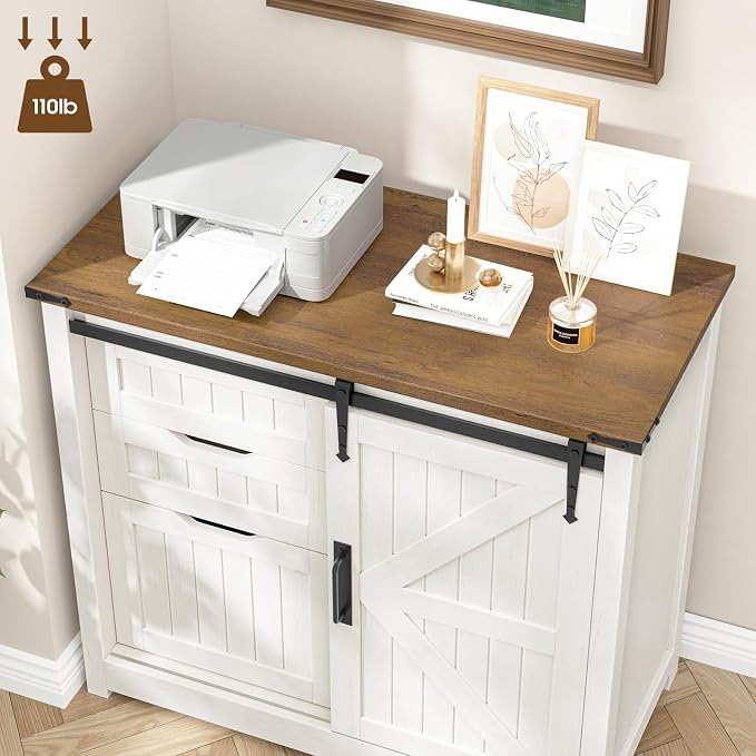 Vabches Lateral File Cabinets with Adjustable Shelf, Farmhouse Filing Cabinet for Home Office, Filing Organization Storage Cabinets with Sliding Barn Door for Hanging Files Letter/A4.