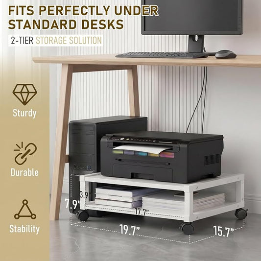 Zonon 2 Tier Printer Stand Under Desk with Lockable Wheels 19.7x15.7x7.9 Inch Rolling Printer Table Cart Under Desk Short Movable Storage Shelf for Home Office Organization(Open Shelf Style,White)