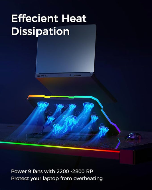 ChillCore Laptop Cooling Pad, RGB Lights Laptop Cooler 9 Fans for 15.6-19.3 Inch Laptops, Gaming Laptop Fan Cooling Pad with 8 Height Stands, 2 USB Ports - A21 Blue