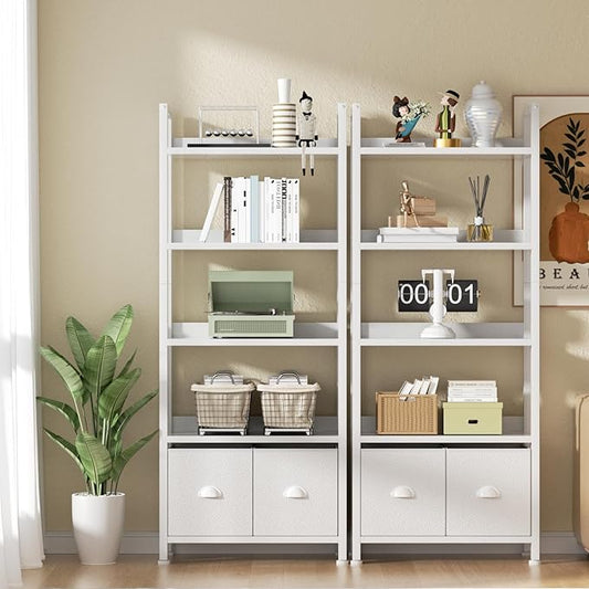 Furologee 5 Tier Bookshelf with Drawers, White Tall Bookcase with Shelves, Wood and Metal Bookshelves Storage Organizer, Modern Display Free Standing Shelf Unit for Bedroom, Living Room, Office