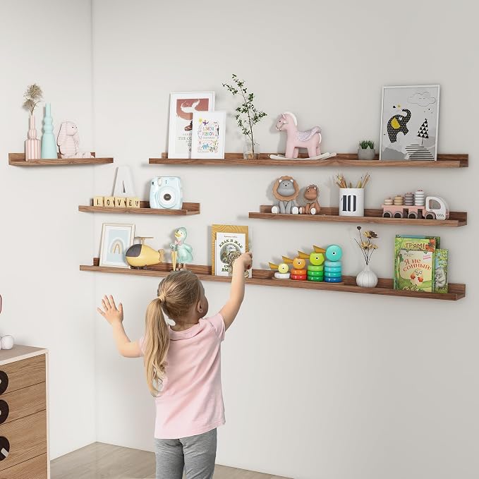 FLYJOE Picture Ledge Shelf, Floating Shelves Set of 2, 48 Inches Long Large Nursery Book Shelves for Toys Storage, Kids Bookshelf Wall Mounted for Living Room Bedroom Decor Books Photo Frames, Walnut