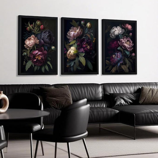 ICHZUMW Moody Peony Floral Canvas Wall Art Set of 3, Black Wood Framed Dark Academia Gothic Botanical Wall Decor, Ready to Hang Fade‑Resistant Flower Pictures for Bedroom Living Room Bathroom, 20×30in