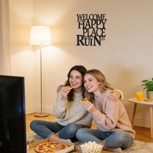 Black Metal Wall Art Funny Bathroom Office Kitchen Bar Garden Living Room Wall Decor for Bedroom Farmhouse Home Decor,Welcome To My Happy Place Don't Ruin It Sign,House Warming Gifts for Women Men