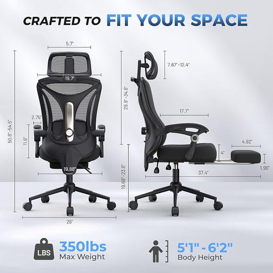 Ergonomic Office Chair - Adjustable Lumbar & Headrest, 90-160° Reclining with Footrest, Breathable Mesh Back - Home Office/Gaming Computer Chair