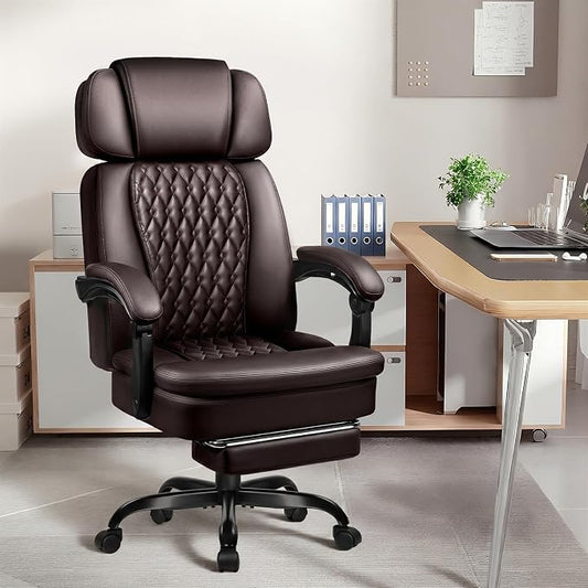 PRETZI Executive Office Chair 400LBS, Ergonomic Office Chair with Foot Rest, Heavy Duty Desk Chair for Home Office, Reclining High Back PU Leather Computer Chair Comfy, Brown