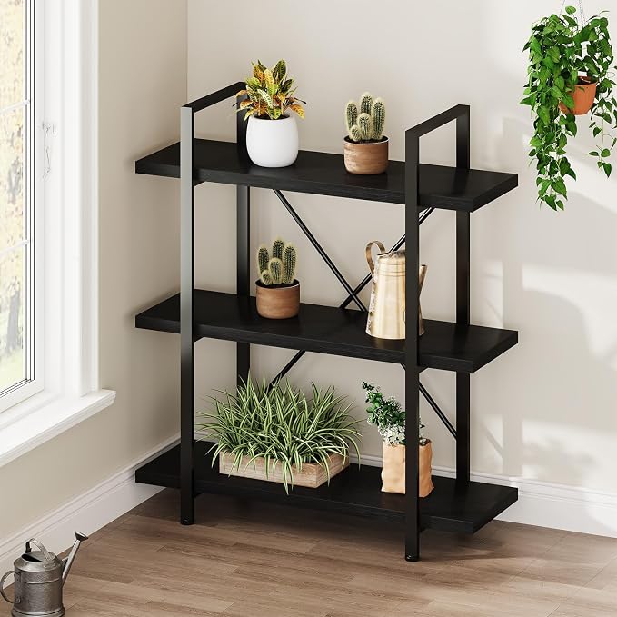 HSH 3 Tier Black Bookshelf, Industrial Small Metal Wooden Storage Book Shelves, Modern Open Low 3 Shelf Bookcase and Display Etagere, Vertical Book Shelf for Bedroom Living Room Office, Black Oak