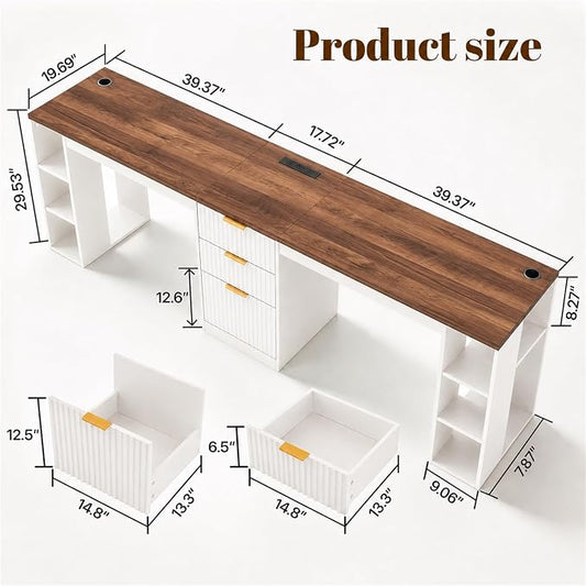 NORTHSKY 96.5" 2 Person Desk with Power Outlet & USB Ports, Double Computer Desk with Drawers & Storage Shelves, Modern Fluted Home Office Desk, White