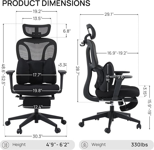 CabLady S1 High Back Ergonomic Mesh Office Chair with Footrest, 300 lbs | 115° Recline Lock, Adjust Seat Depth, 2D Arms, 3D Headrest, Detachable Lumbar Support, Breathable Mesh, BIFMA, Black