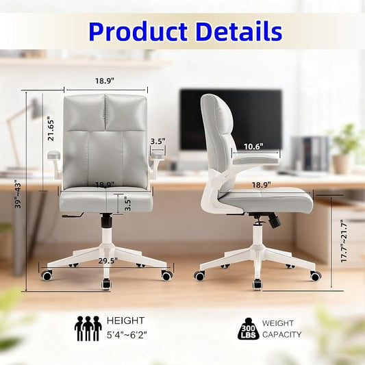 balmstar Leather Office Chair Computer Desk Chair, 360° Swivel Rolling Wheels, Adjustable Tilt Angle 90°-135° with Lumbar Support Executive Chair for Home Office with 350 LBS Capacity(Gray)