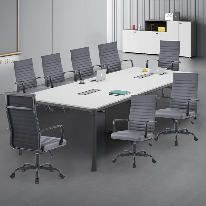 Office Chair, Ergonomic Executive Conference Room Chairs, Ribbed Leather Desk Chair with Lumbar Support, Adjustable Height Mid-Back Swivel Chair with Padded Seat